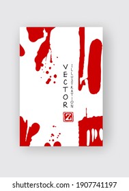 Rojo trazo de pincel de tinta sobre fondo blanco. Estilo japonés. Ilustración vectorial de manchas de grano