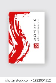 Rojo trazo de pincel de tinta sobre fondo blanco. Estilo japonés. Ilustración vectorial de manchas de grano