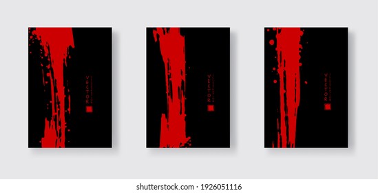 Red ink brush stroke on black background. Japanese style. Vector illustration of grunge wave stains.Vector brushes illustration.