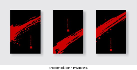 Red ink brush stroke on black background. Japanese style. Vector illustration of grunge wave stains.Vector brushes illustration.