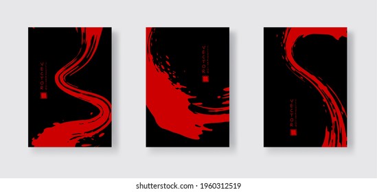 Red ink brush stroke on black background. Japanese style. Vector illustration of grunge wave stains.Vector brushes illustration.