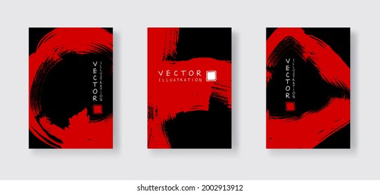 Red ink brush stroke on black background. Japanese brush style banner. Vector illustration of grunge stains
