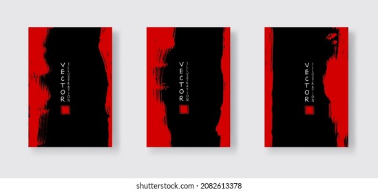 Golpe de pincel de tinta roja sobre fondo negro. Banner estilo cepillo japonés. Ilustración vectorial de manchas de grano