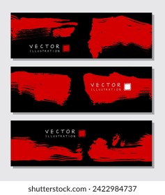Red ink brush stroke on black background. Japanese brush style banner. Vector illustration of grunge stains