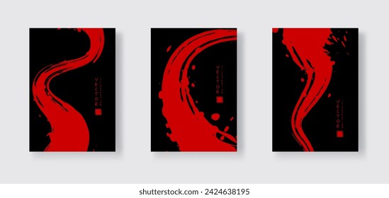 Red ink brush stroke on black background. Japanese style. Vector illustration of grunge wave stains.Vector brushes illustration.