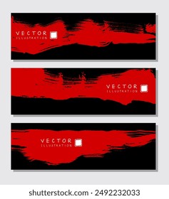 Red ink brush stroke on black background. Japanese brush style banner. Vector illustration of grunge stains