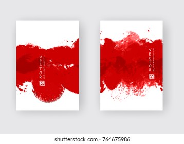 Red ink brush stroke on white background. Japanese style. Vector illustration of grunge strip stains