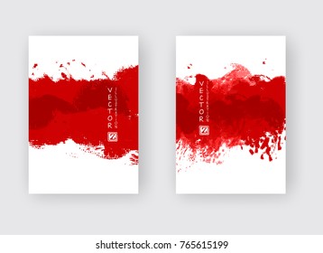Red ink brush stroke on white background. Japanese style. Vector illustration of grunge strip stains
