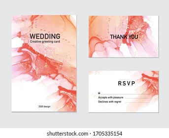 Red ink cloud pink splashes. Modern motion design wedding card, RSVP, Save the date, Thank you grunge alcohol ink watercolor contrast gold design. Vector.