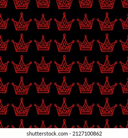 Red ink contour linear crowns isolated on black background. Cute monochrome royal seamless pattern. Vector simple flat graphic hand drawn illustration. Texture.