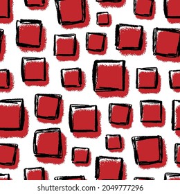 Cuadros lineales de contorno de tinta roja aislados sobre fondo blanco. Patrón geométrico sin costuras. Dibujo gráfico plano vectorial simple a mano. Textura.