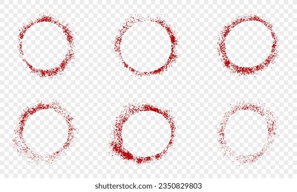 Colección de bordes redondeados de graffiti rojo. Juego de marcos de círculo. Esténcil de estampado de grunge en blanco con textura de pulverización. Pintar la mancha de sangre. Resumen Mancha sobre fondo transparente. Ilustración de vectores aislados.