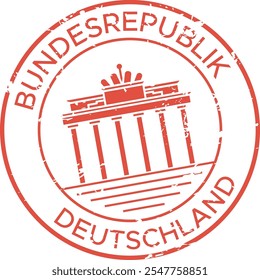 Red ink grunge rubber stamp depicting brandenburg gate, a famous landmark in berlin, germany, symbolizing travel, tourism, and german culture