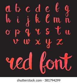 Red ink hand drawn alphabet, lower case letters. Expressive calligraphy font. Calligraphy Brush painted script font. Vector.