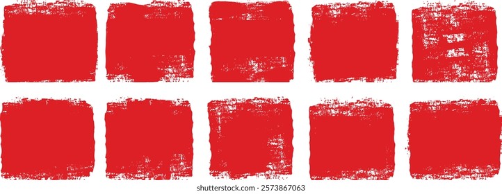  Red ink paint brush, grunge lines. Black square shapes with ripped jagged borders on white background. Vintage grunge boxes for collage, text, banner, sticker, poster design.