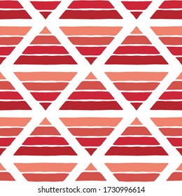 Red ink rhombs and pyramids isolated on white background. Seamless pattern. Hand drawn vector graphic illustration. Texture.
