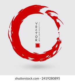Toco redondo de tinta roja sobre fondo blanco. Estilo japonés. Ilustración vectorial de las manchas de círculo de grunge