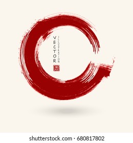Red ink round stroke on white background. Japanese style. Vector illustration of grunge circle stains