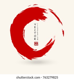 Red ink round stroke on white background. Japanese style. Vector illustration of grunge circle stains