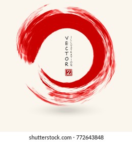 Red ink round stroke on white background. Japanese style. Vector illustration of grunge circle stains