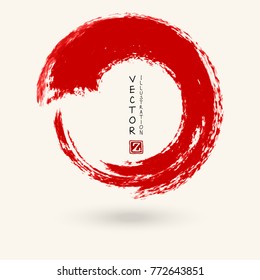Red ink round stroke on white background. Japanese style. Vector illustration of grunge circle stains