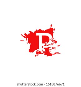 Red Ink Splatter Letter P logo icon. Abstract vector design concept red ink water color brush shape with hidden letter.