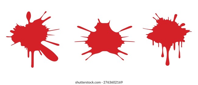 Red ink splatter set. Dripping blood splashes and messy stains. Vector texture design elements.