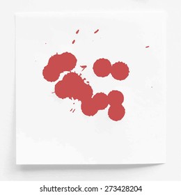 Red ink watercolor splahs, blots on white note paper