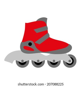 red inline roller skate boot icon with four wheels and two buckles - symbol of rollerskating, sport, recreation and motion