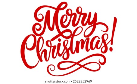 Red inscription Happy Christmas, decorative lettering, words, text for design isolated on transparent background. Vector graphics.