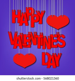 Red inscription happy Valentine's day hanging on a ropes on a purple background. Vector illustration