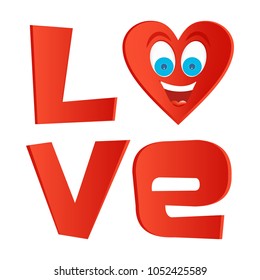 Red inscription love with red heart with face with blue eyes and a big joyful laughing with open mouth and tongue on a white background 