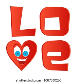 Red inscription love with red heart with face with blue eyes and a big joyful laughing with open mouth and tongue on a white background 