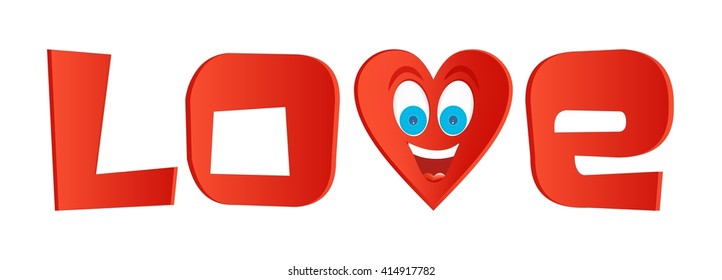 Red inscription love with red heart with face with blue eyes and a big joyful laughing with open mouth and tongue on a white background