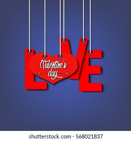 Red inscription love and heart hanging on a ropes on a purple background. Valentine's day. Vector illustration