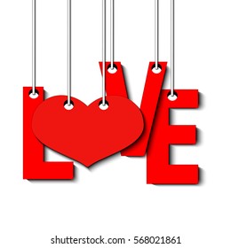 Red inscription love and heart hanging on a ropes on a white background. Vector illustration