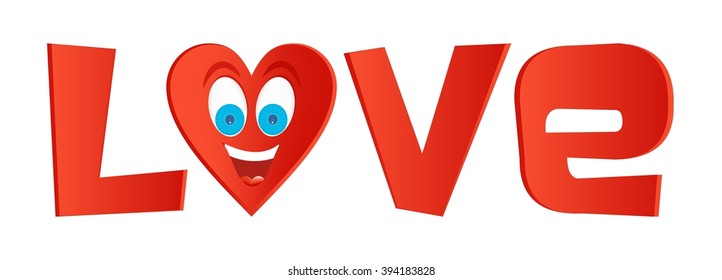 Red inscription love with heart of instead letter o with blue eyes and a big smile with teeth and tongue on a white background