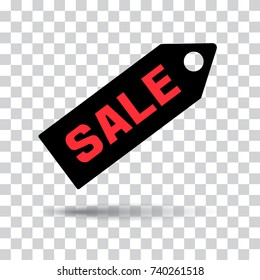 Red inscriptions SALE on black price tag icon with shadow on transparent background. Vector illustration