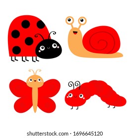 Red insect icon set. Butterfly, caterpillar, ladybug ladybird, snail, lady bug. Cute cartoon kawaii funny character. Smiling face. Flat design. Baby clip art. White background. Isolated. Vector