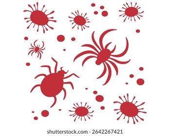 Red Insects and Microbes on White Background, vibrant graphic features various stylized red insects and microbes on a plain, spiders, bugs, graphic design, illustration, flat design, vector, education