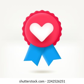 Red insignia with heart. Achievement concept. 3d vector icon