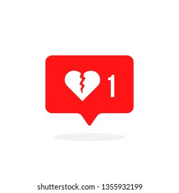 red instant message with broken heart. cartoon flat style trend modern simple unlike app logotype graphic design isolated on white. concept of split in relationship and unloved or loveless message