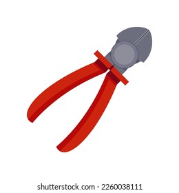 Red insulated pliers for wires vector illustration. Cartoon drawing of tool or equipment of electrician isolated on white background. Electricity, technology, construction concept