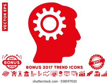 Red Intellect Gear icon with bonus 2017 trend images. Vector illustration style is flat iconic symbols, white background.