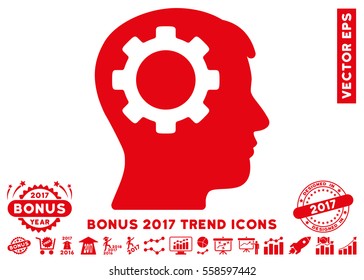 Red Intellect Gear pictograph with bonus 2017 trend symbols. Vector illustration style is flat iconic symbols, white background.