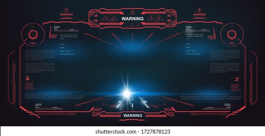 Red Interface Frame With Hazard Warning Signals. Sci-fi Futuristic HUD, GUI, UI Dashboard. Display Virtual Reality Technology Screen. HUD Style Interface Design