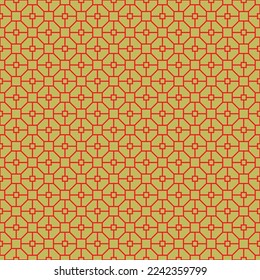 Red interlaced pattern on gold background. Red interlocking pattern on gold backdrop. Chinese traditional pattern. Octagon and square pattern. Chinese New Year.