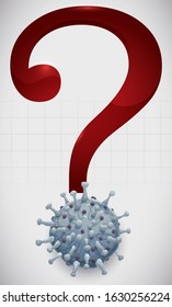 Red interrogation symbol completed with coronavirus representation: design questioning about the origin of this virus, what is it and its possible cure and consequences.