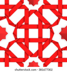 Red interwoven ribbons ornament. Geometric vector seamless pattern with crossed stripes. Tileable oriental background with intertwined tape