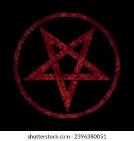 Red, inverted, textured pentagram in circle, on black background. Occult symbol. Hand drawn vector art.